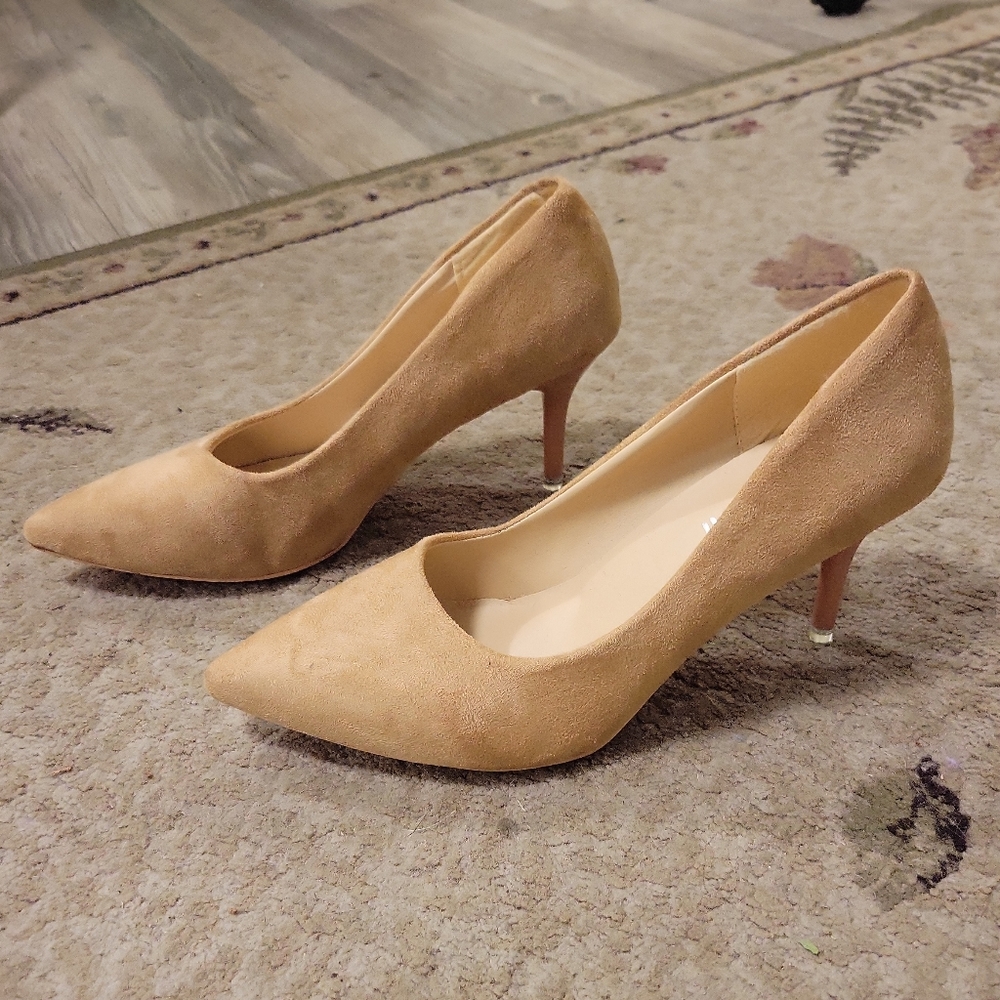 Tan suede high heel pumps